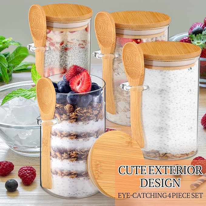 Pickmesh 4 Pcs Overnight Oats Containers with Lids Overnight Oats Jars Oatmeal Cups Square Glass Meal Prep Container with Bamboo Lids and Spoons Glass Jar for Pudding Yogurt (Round Style,16oz, 10oz)