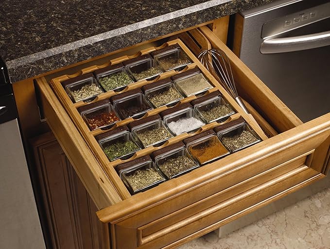 Kamenstein Jar Bamboo 3-in-1 Spice Organizer for Countertop, Wall, and Drawer with Spices Included, FREE Spice Refills for 5 Years, Lift & Pour Caps , 16 Count ( Pack of 1)