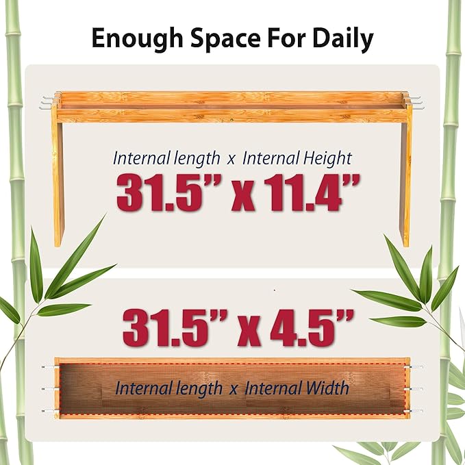 IIIOIIIA Bamboo Over The Stove Spice Shelf for Kitchen Storage, 31.5" Kitchen Spice Rack Organizer Stove Top Shelf with 6 Hooks, 11.4" Height Extra Storage Countertop, Easy to Assemble