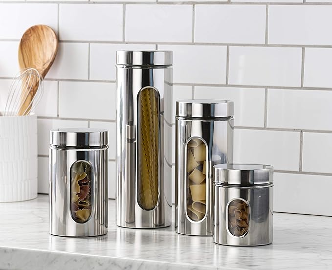 Quality 4pc Stainless Steel Canister Set for Kitchen Counter with Glass Window & Airtight Lids, Food Storage Containers, Pantry Storage & Organization Set for Coffee, Flour, Pasta, Rice, Spices, Herbs