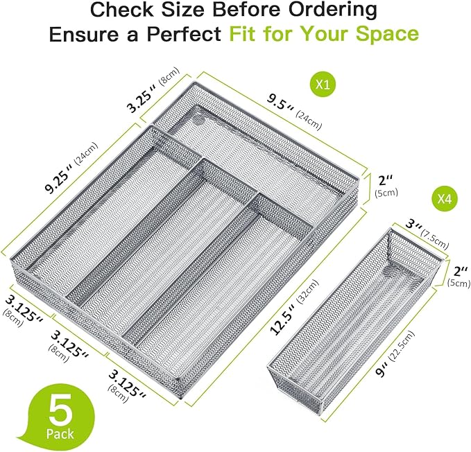 Drawer Organizer Set 5 Pack - 4-Compartment Silverware Organizer Tray + 4 Utensil Trays, Kitchen Drawer Organizer for Flatware, Cutlery, Office Supplies, Silver Mesh, Non-Slip