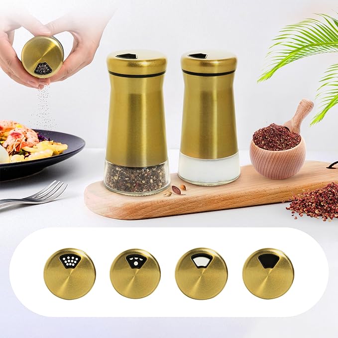 Stainless Steel Salt and Pepper Shakers,Salt Shaker Clear Bottom Jar Bottle Container with Stainless Steel Top,with Adjustable Pouring Hole for Kitchen, Cooking Table, Camp