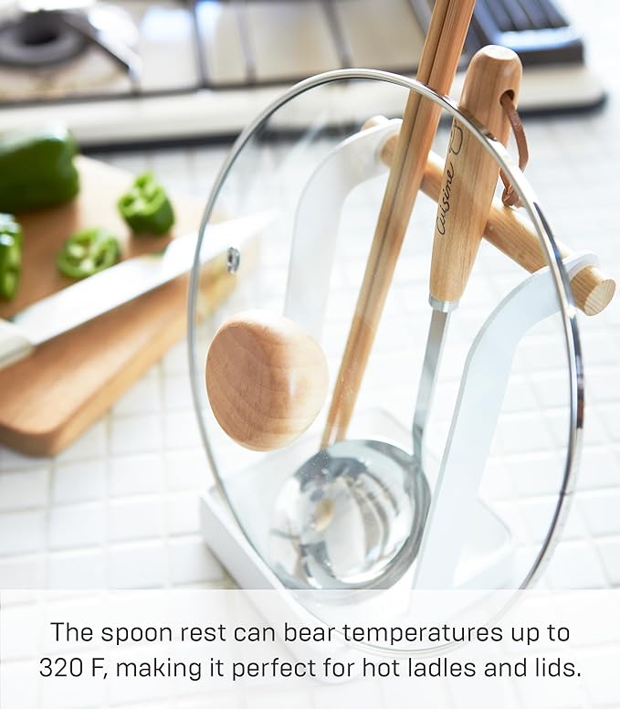 Yamazaki Home Ladle & Lid Rest - Kitchen Utensil Organizer Stand for Cooking Steel + Wood White