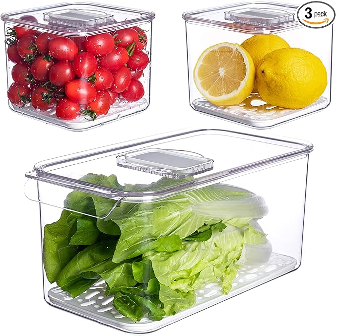 vacane Fresh Produce Saver for Refrigerator, 3 Pcs Food Fruit Lettuce Keeper Containers, Salad Vegetable Storage Organizers Stackable, BPA-free Stay Fridge Storage Containers