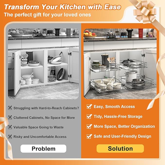 ALINE FURNITURE 2-Tier Pull Out Cabinet Organizer - 14" W x 22" D Soft Close Pullout Shelves for Kitchen Cabinets - Slide Out Drawers, Heavy Duty Steel Wire