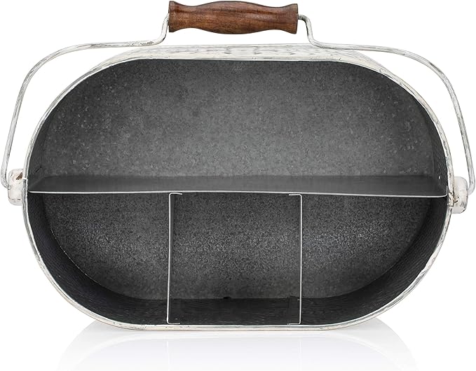 CRAFTSMAN ROAD Distressed White Metal Caddy – Farmhouse Galvanized Kitchen Organizer with Handle – Vintage Rustic Multi-Compartment Holder for Napkins, Plates, Cutlery, Flatware, Cleaning Supplies
