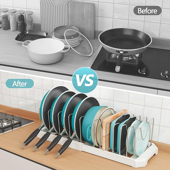 Pots and Pans Organizer for under Cabinet, Expandable Pan Pot Organizers inside Cabinet, Heavy Duty Pot Rack for kitchen organizers and storage Holder with 12 adjustable compartment White