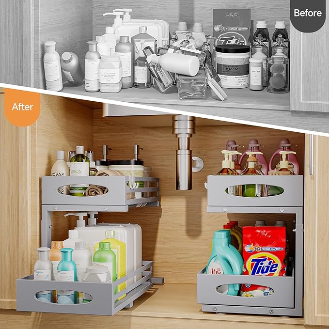 Under Sink Organizers and Storage, Pull Out Kitchen Cabinet Organizer, 2 Tier Slide Out Steel Under Sink Storage Shelf for Kitchen Pantry Bathroom (Grey, 2Pack)