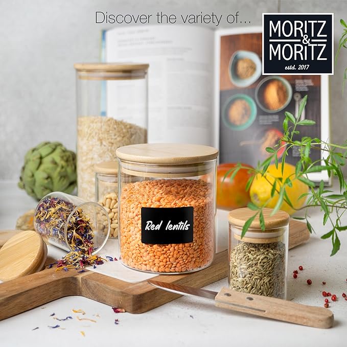 Moritz & Moritz Glass Food Storage Jars with Lids 6 Pack – Airtight Food Storage Containers for Pantry – Kitchen Organizers – Flour Sugar Containers with Labels and Chalk Pen