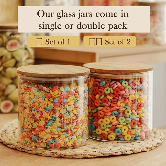 Labina Glass Storage Container Airtight Food Jars Kitchen Canister with Wood Lids, 71 Oz Wide Mouth Pantry Organization Glass Jar for Flour, Sugar, Cookie, Spagetti, Nuts and Candy (2 Pack)