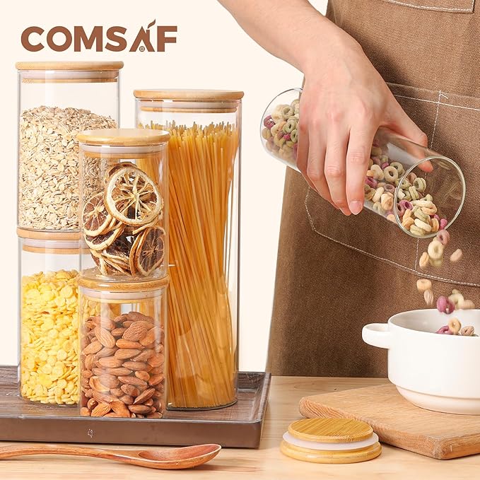ComSaf Glass Food Storage Jars Set of 6, Clear Glass Storage Containers with Lids, Canisters Sets for the kitchen, Spaghetti, Pasta, Flour, Nuts, Oat, Coffee and Sugar Container, Pantry Organization