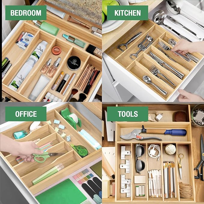 Silverware Organizer, Kitchen Drawer Organizer 13"× 17" Pine Wood Utensil Holder and Cutlery Tray with Grooved Drawer Dividers, 7 Compartment Utensil Tray Wood Caddy for Flatware Forks Spoon, Knives