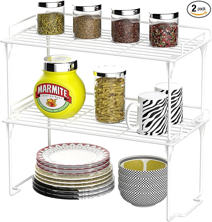 Redrubbit Kitchen Cabinet Storage Shelf Rack, Stackable & Foldable Counter Spice Racks, Multifunctional Storage Racks for Kitchen, Bathroom, Cupboard & Pantry Organization, Set of 2