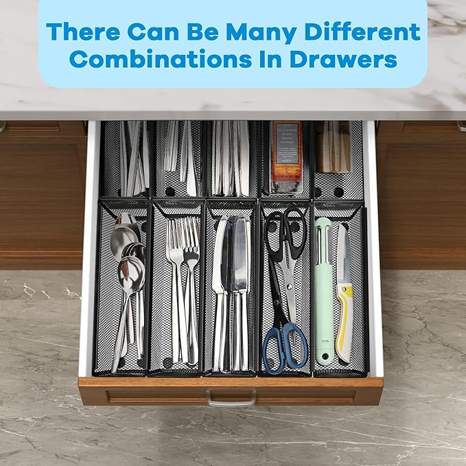 Utensil Drawer Organizer, Silverware Organizer, 2 Pack Silverware Drawer Organizer, Organizadores De Cocina, Flatware Organizer for Drawer with Interlocking Arm