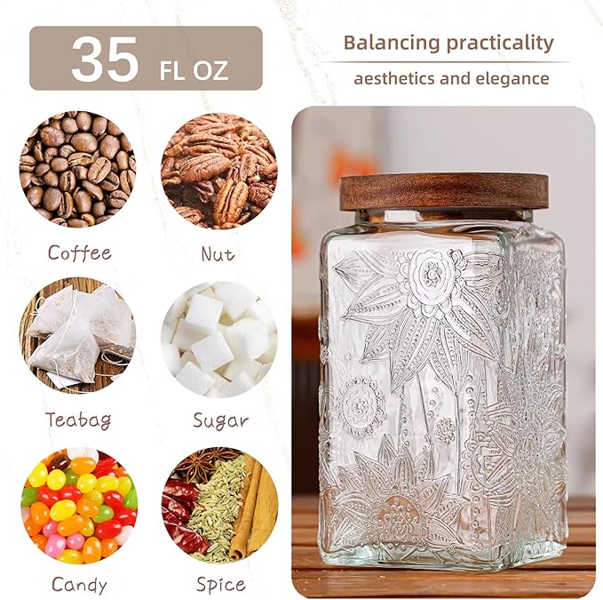 Glass Storage Jars With Airtight Lid, 35oz Container For Kitchen Counter with Wood Lid, brown sugar, candy, coffee, cookie, salt, tea, cute Jar (Large Square Sunflower)