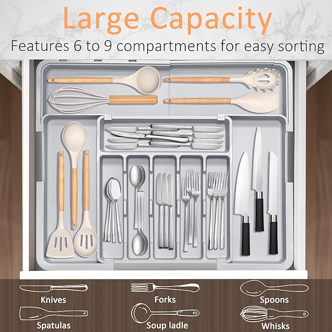 Silverware Organizer Expandable Kitchen Drawer Organizer Adjustable 22"x 19" Utensil Organizer with Rubber Feets Cutlery Drawer Organizer for Spoons Forks Knives Kitchen Organizers and Storage Grey