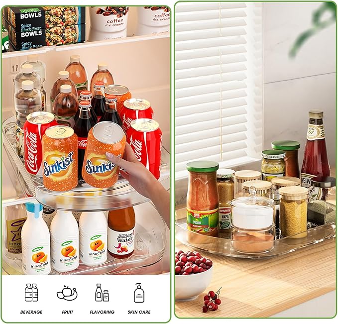 Voova Lazy Susan Turntable Organizer for Refrigerator, 360° Rotating Fridge Organizers and Storage,Rectangle Condiment Organizer Rack for Fridge,Cabinet, Kitchen, Pantry, Countertop, Clear (1 Pack)