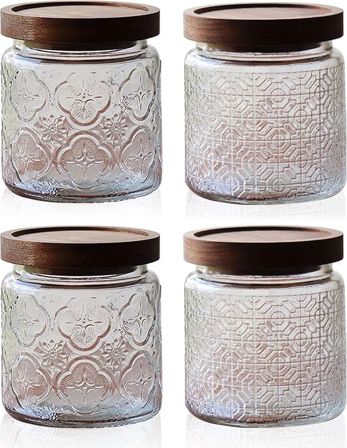 Glass Jar with Lid,4 PCS Airtight Glass Food Storage Container Set,Square Clear Glass Jars Wide Mouth Food Storage Canister with Wooden Lid for Sugar Coffee Beans Tea Spice Oats Snacks (450ML)