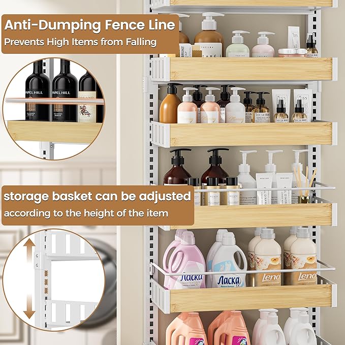 8 Tier Over The Door Pantry Organizer, 2 IN 1 Wall Mount or Hanging Spice Rack Seasoning Shelves with Adjustable Basket, Back of Door Organizer and Storage for Kitchen Cabinet and Room Closet