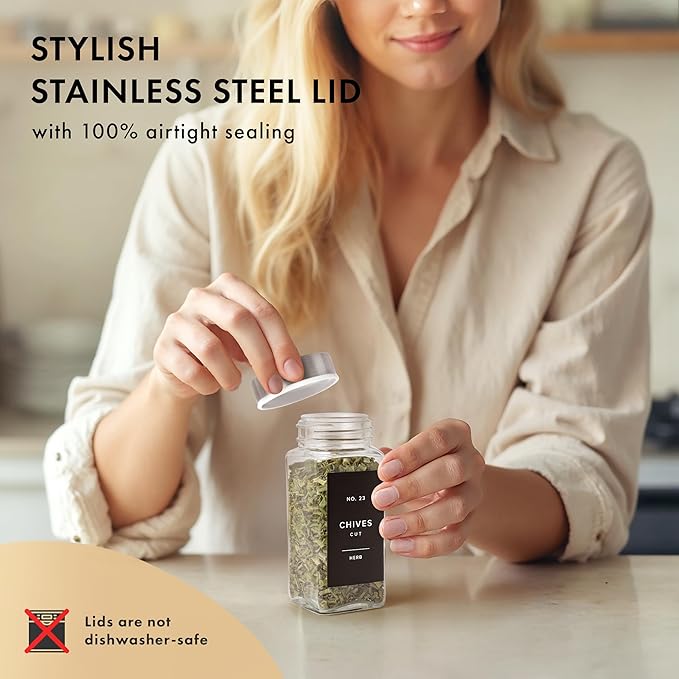 Glass Spice Jars with Label and Stainless Steel Lids (24 x 4oz) Spice Containers with 240 Labels, Shaker Inserts, Steel Funnel, Empty Square Empty Square Seasoning Organizer (Silver)