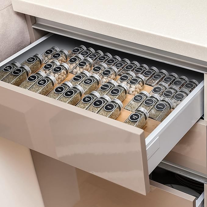 Bamboo Spice Rack Tray - Spice Drawer Organizer for Kitchen Cabinets Storage and Organization (Jars Not Included)