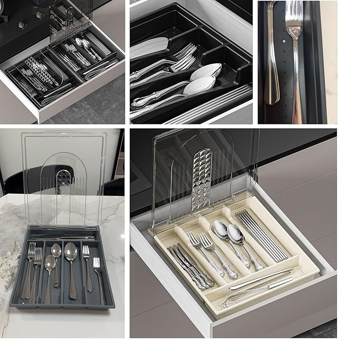 Silverware Container with Removable Lid, Countertop silverware holders Plastic Silverware Tray for Drawer, 5 Compartments Flatware Organizer (Black)
