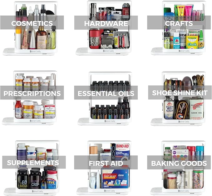 Cabinet Caddy Spice Rack Organizer for Cabinet - Slide & Rotate Kitchen Organizers and Storage - 2 Double-Decker Shelves - Non-Skid Base - Magnetic Modular Design - 10.8" H x 5.25" W x 10.8" D