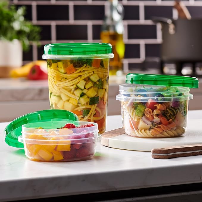 PLASTICPRO 12 Pack Twist Cap Food Storage Containers with Green Screw on Lid- 16 oz Reusable Meal Prep Containers - Freezer and Microwave Safe Green Plastic Food Storage