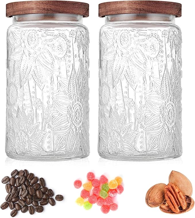Glass Storage Jars With Airtight Lid, 35oz Container For Kitchen Counter with Wooden Lid, brown sugar, candy, coffee, cookie, salt, tea, cute Jar (35oz Large Sunflower)