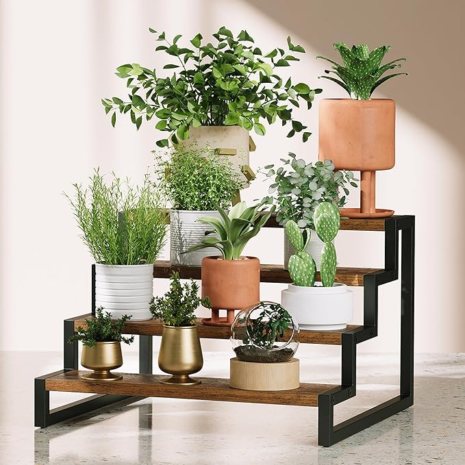 Wood Display Riser Stand, 4-Tier Kitchen Counter Shelves, Kitchen Storage,Spice Rack Organizer, Tiered Countertop Display Shelf for Perfume, Makeup, Expandable(Retro Color,4-Tier)