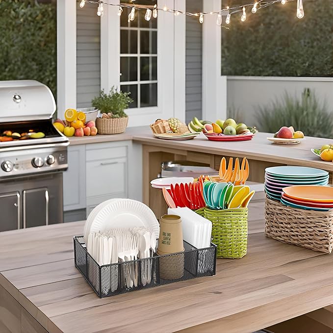 Paper plate organizer for Kitchen Countertop,Flatware Utensil Caddy,Utensil Holder Organizer with 6 Compartments for for Kitchen,Picnic,Indoor/Outdoor Dinner Parties,BBQ