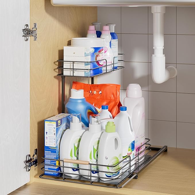 LAMU Under Sink Organizers and Storage, 2 Tier Bathroom Kitchen Cabinet Organizers, Pull Out Under Sink Storage Kitchen Shelf Organizer for Under Counter Storage