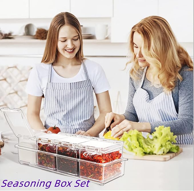 KNC Transparent Seasoning Rack Spice Pots, Storage Container Condiment Jars, 4 Piece Acrylic Seasoning Box with Cover and Spoon, Spice Rack Organizer for Kitchen, Counter, Food Storage