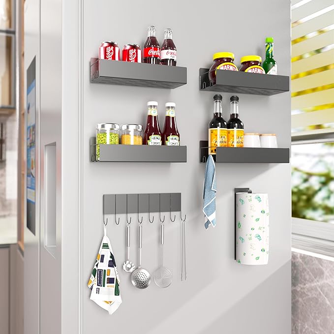 Magnetic Spice Rack for Refrigerator, Black Metal Space Saving Spice Racks Magnetic Refrigerator, Fridge Shelves with Strong Magnets, Six-Piece Magnetic Storage Rack, Magnetic Spice Rack