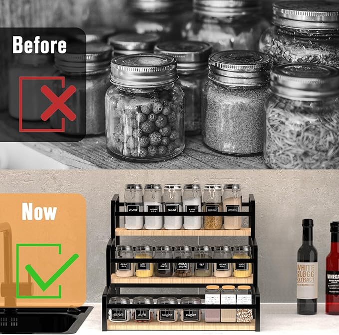 Spice Rack Organizer for Countertop , 3-Tier Magnetic Spice Storage Holder with Wooden Steps for Kitchen , Coffee Syrup Rack Iron Fall Protection ,Versatile Display Rack for Wine Bottles,Cosmetics.