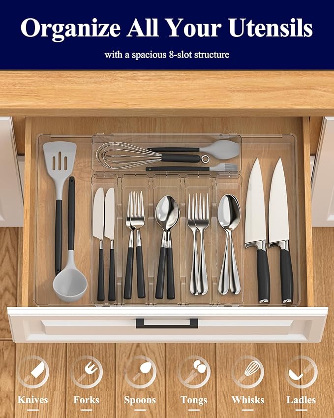 Kitsure Silverware Organizer - 8 Slots Expandable Drawer Organizer for Utensils & Cutlery, Multipurpose Kitchen Organizers and Storage Solution, Clear, 21.3" x 14.5" x 1.8"