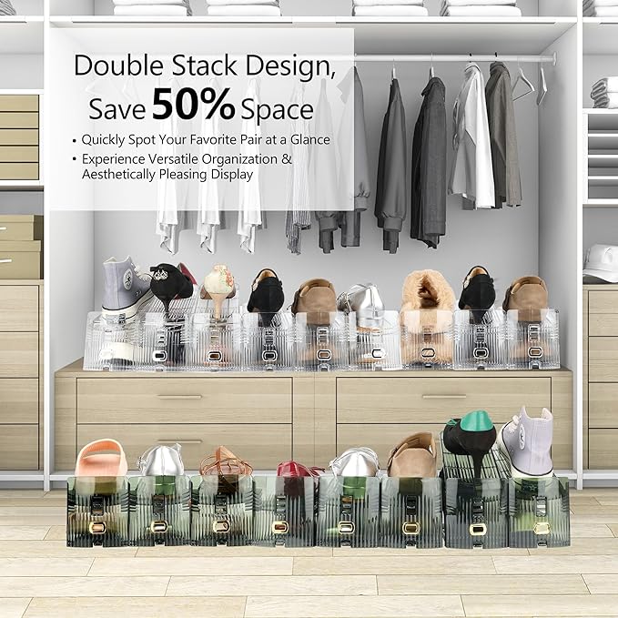 Yes!Fresh Shoe Slot Organizer, Boutique Display Style Shoe Stacker for A Pair of Shoes, Separable Shoe Rack for Closet Organization, 3 Adjustable Narrow Shoe Rack (Transparent Green, 12 Pack)