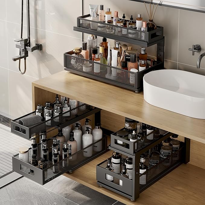 2 Pack 21.3IN-Depth Under Sink Organizer with Next-Gen Ball-Bearing Slides,2-Tier Pull Out Cabinet Storage,Height Adjustable Drawer Shelf for Bathroom,Kitchen,Laundry,Cabinet,Pantry-Black
