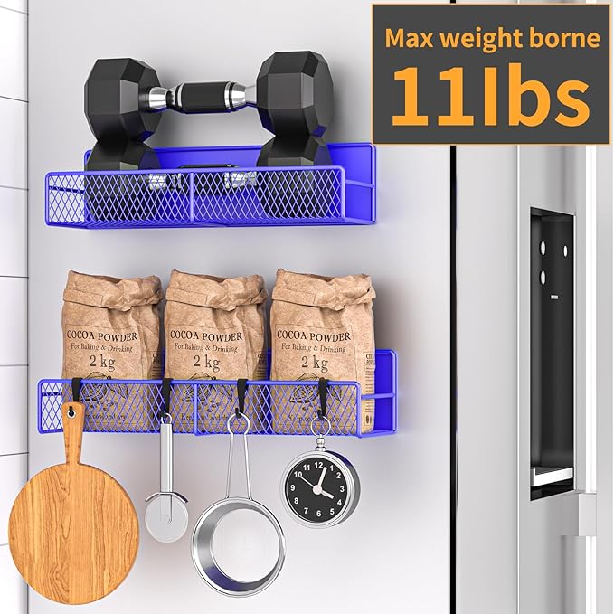 Magnetic Spice Rack for Refrigerator, 2 Pack Metal Magnetic Shelf, Moveable Spice Organizer with Hooks, Super Magnetic Fridge Shelf for Kitchen Organization and Storage, Purple Blue