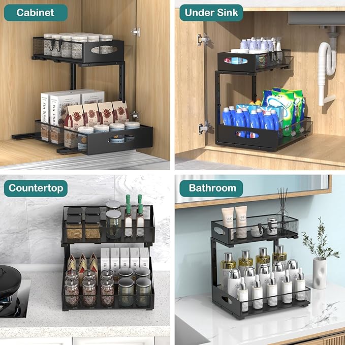 1 Pack Large Under Sink Organizer, 2 Tier Metal Pull Out Under Sink Storage with Sliding Mesh Drawers, Height Adjustable Slide Out Under Cabinet Organizer for Kitchen Bathroom, Black