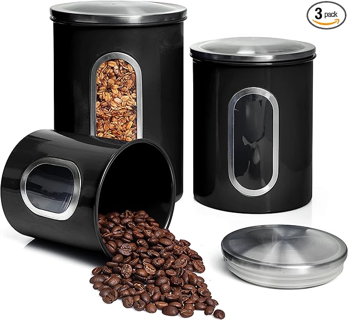 Mixpresso 3 Piece Black Canisters Sets For The Kitchen, Kitchen Jars With See Window, Airtight Coffee Container Tea Organizer & Sugar Canister, Kitchen Canisters Set of 3 Black Kitchen Décor
