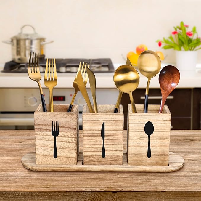 Kathfly 4 Pcs Silverware Caddy Utensil Holder for Countertop Silverware Organizer with Wood Tray Spoon Fork Holder 3. 15 x 3. 15 x 4. 53 Inches of Each Organizer for Kitchen Parties(Brown)
