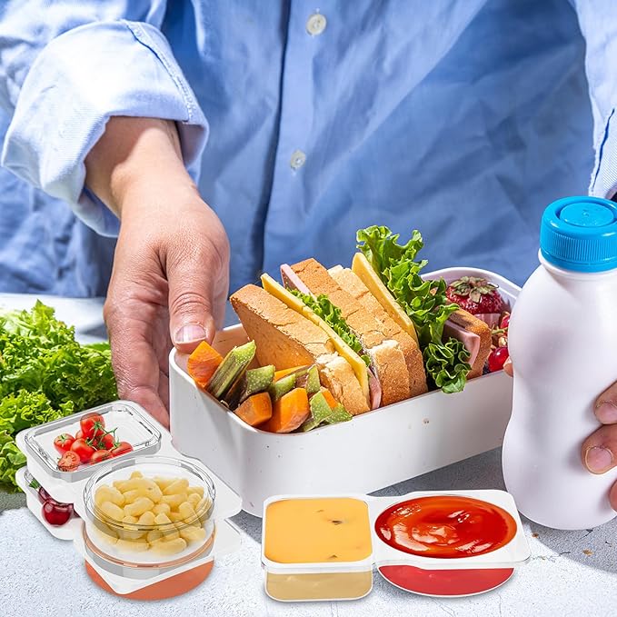32 Pack Double Compartment Condiment Container -5.5x3.3 inches Plastic Snack Containers with Lids for Sauces, and Salad Dressings | Portable Snackle Box, Portion Control & Food Storage Solution