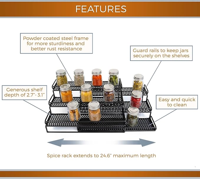 3 Tiered Spice Rack - Spice Racks for Inside Cabinets - Expandable Spice Rack Countertop Kitchen Pantry - Metal Tier Seasoning Organizer Step Storage with Protective Railing (Black)