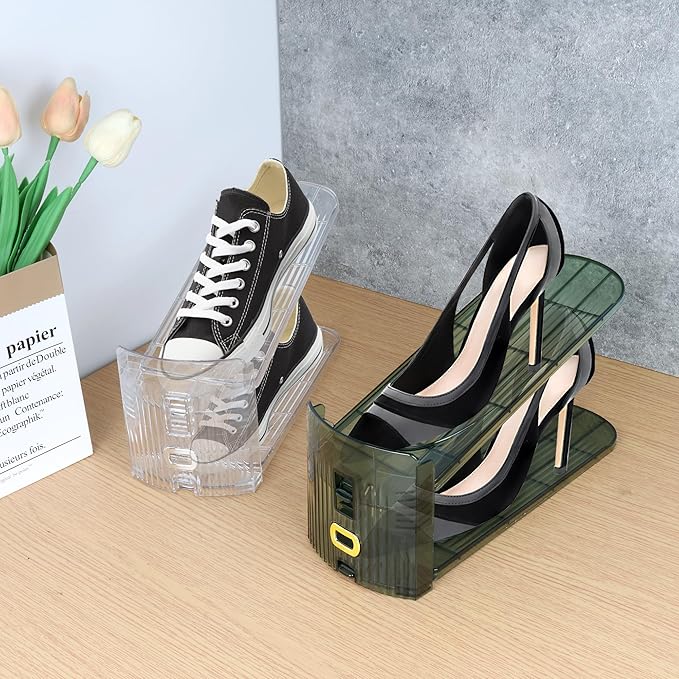 Yes!Fresh Shoe Slots Organizer, Boutique Display Style Shoe Stacker for A Pair of Shoes, Separable Shoe Rack for Closet Organization, 3 Adjustable Narrow Shoe Rack (Clear, 4 Pack)