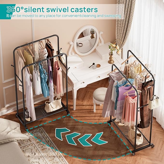 SINGAYE Clothes Clothing Rack Drying Clothing Garment Coat Hanger Rack Metal Double Bar Freestanding for Hanging Clothes Portable With Wheels Rolling Closet for Laundry Bedroom Black