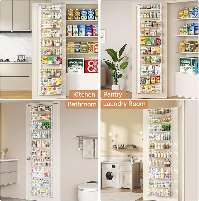 Over the Door Pantry Organizer, 10-Tier Adjustable Spice Rack Cabinet Door Shelves, Hanging Seasoning Organizer for Kitchen Bathroom, Laundry Room Organization, White