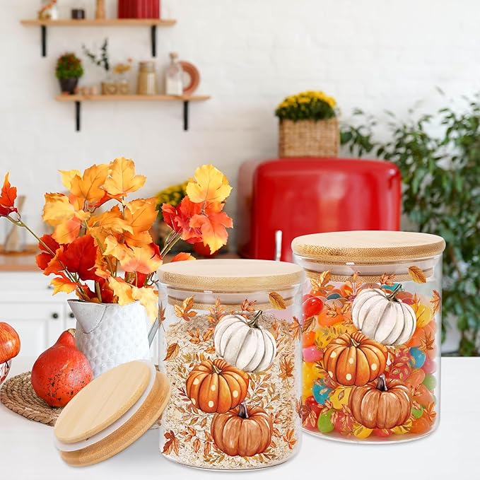 3Pcs Fall Thanksgiving Glass Storage Jars with Airtight Bamboo Lids 17oz Autumn Leaves Pumpkins Clear Food Storage Canisters for Home Kitchen Countertop Decoration