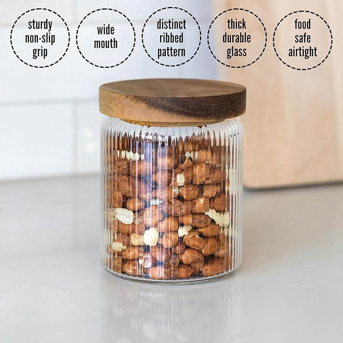 Mason & Fable Ribbed Glass Jar with Wooden Lid 17oz, Set of 3 | Airtight Fluted Storage Canisters for Food, Tea, Coffee, Candy/Spice | Organization Canisters for Home & Kitchen