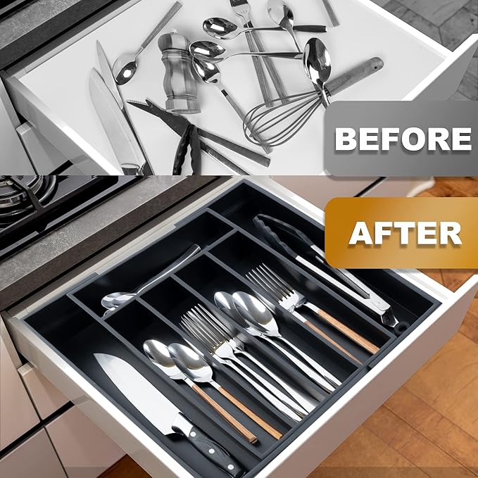 Expandable Utensil Organizer Silverware Organizer for Kitchen Adjustable Utensils Holder Bamboo Large Flatware Silverware Cutlery in Drawer (7 Slot, Black)